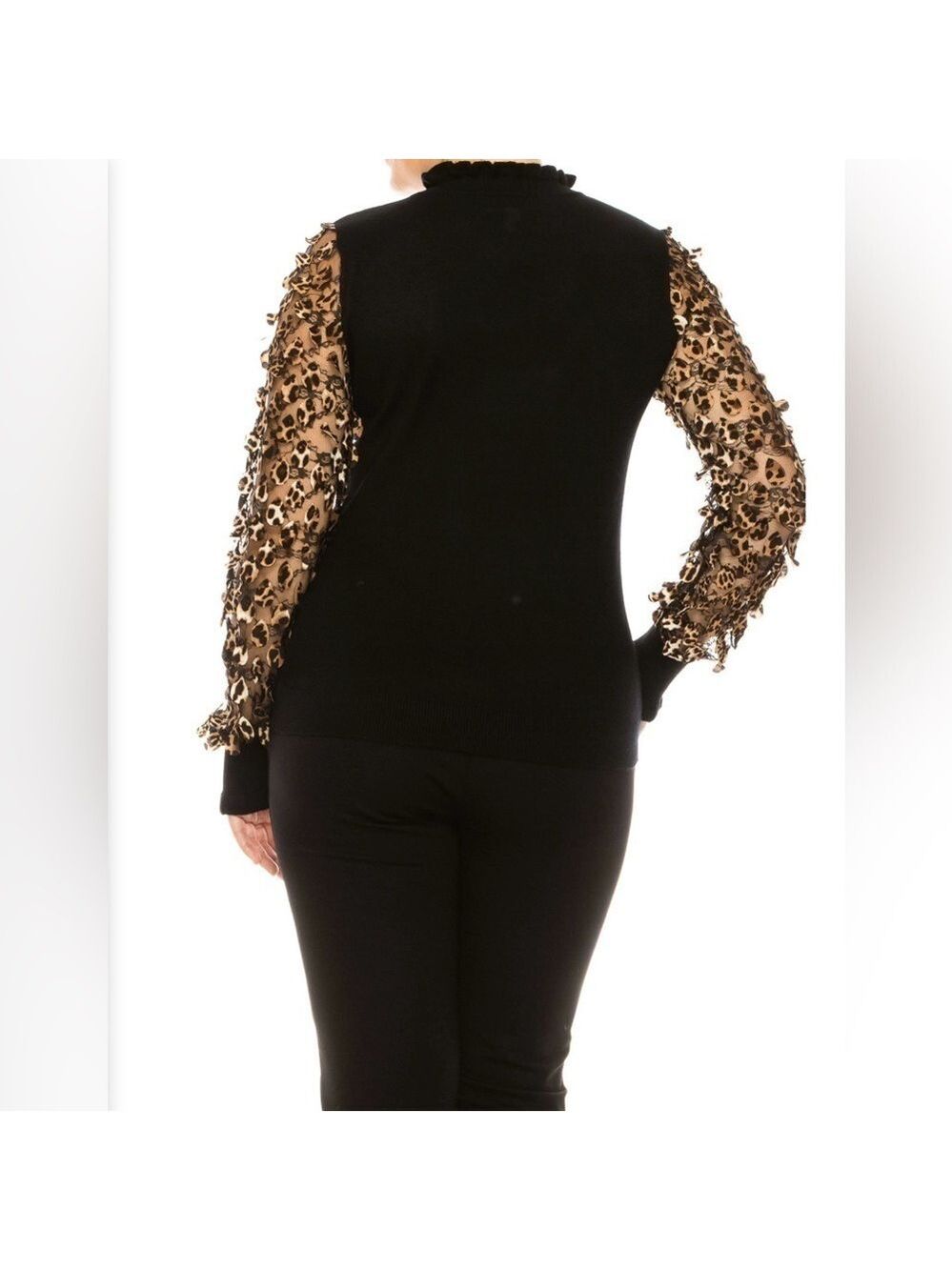 Sioni Leopard Lace Mesh Long Sleeve Ruffle Mock Neck Sweater Top Size Medium - Picture 3 of 8
